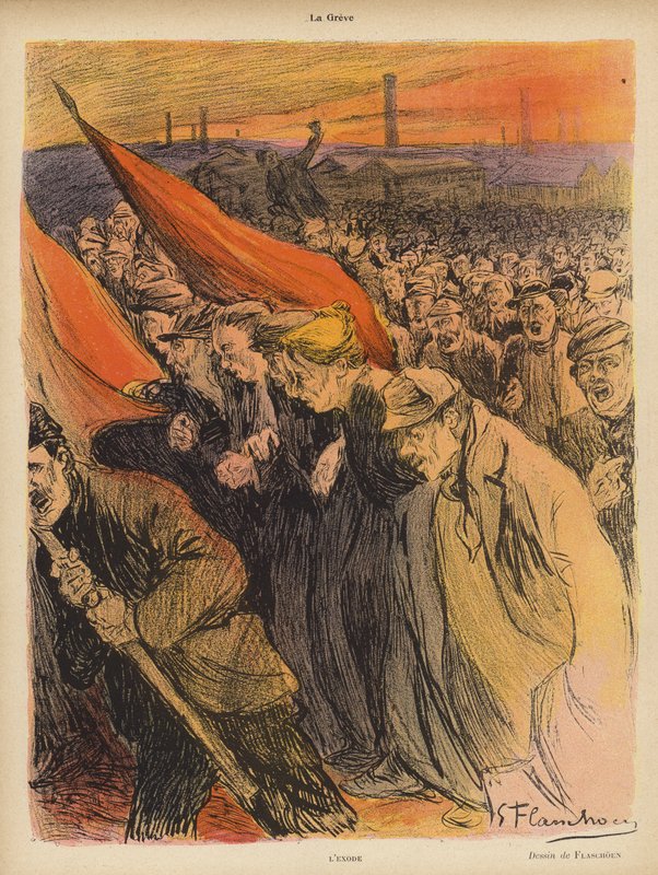 Huelga industrial: El éxodo, c.1902 (litografía en color) de Gustave Flasschoen