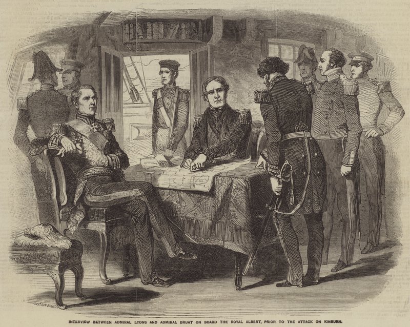 Entrevista entre el Almirante Lyons y el Almirante Bruat a bordo del Royal Albert, antes del ataque a Kinburn de Gustave Janet