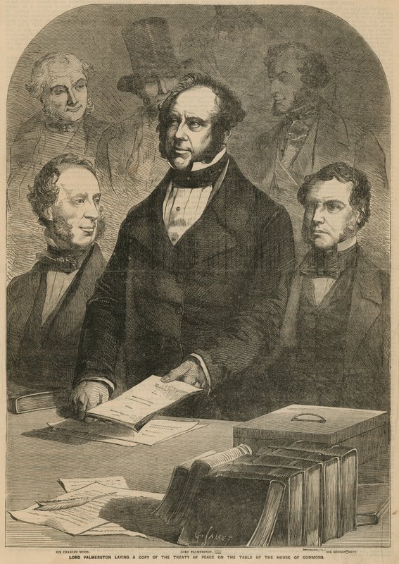 Lord Palmerston colocando una copia del Tratado de Paz sobre la mesa de la Cámara de los Comunes de Gustave Janet