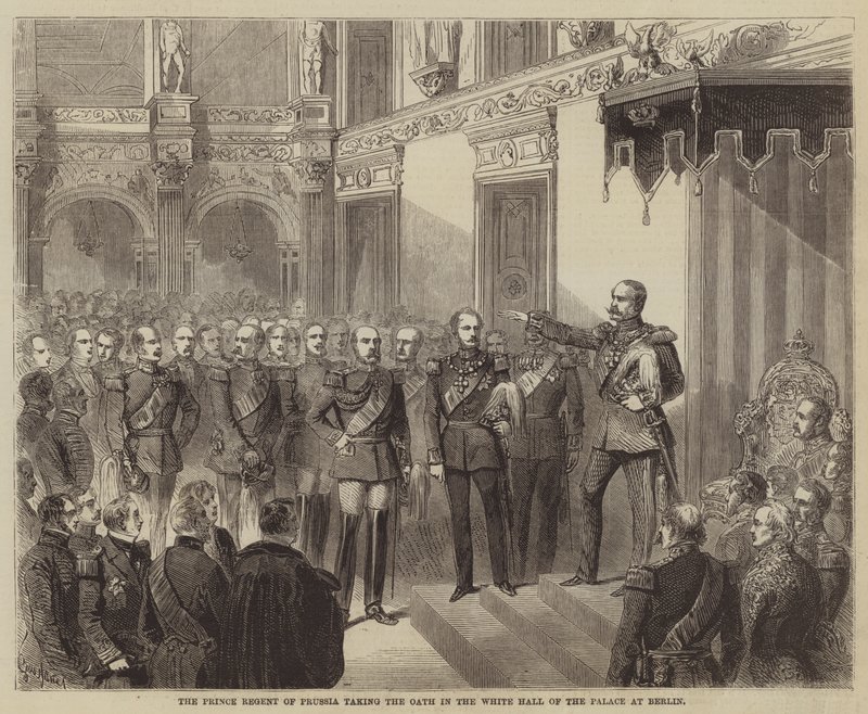 El Príncipe Regente de Prusia tomando el Juramento en el Salón Blanco del Palacio en Berlín de Gustave Janet