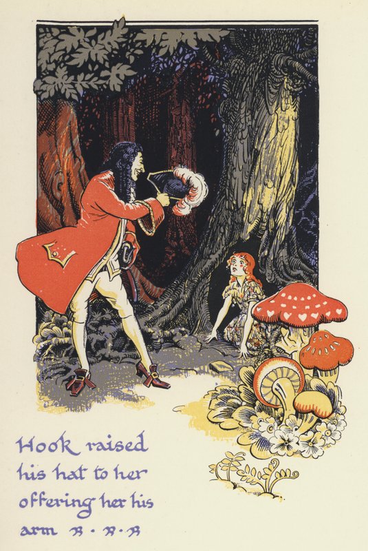 Peter Pan y Wendy: Garfio levanta su sombrero hacia ella ofreciéndole su brazo (litografía en color) de Gwynedd M. Hudson