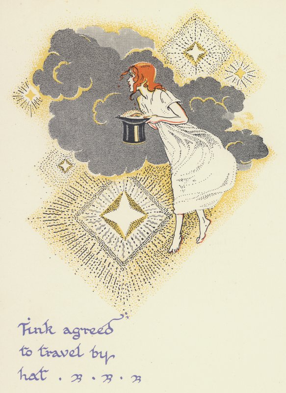 Peter Pan y Wendy: Tink aceptó viajar con sombrero (litografía en color) de Gwynedd M. Hudson