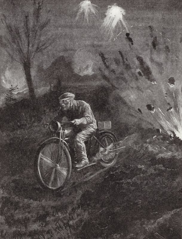 Lance-Corporal C C Parrott llevando mensajes en su motocicleta por caminos barridos por el fuego de artillería, Primera Guerra Mundial de H. Ripperger