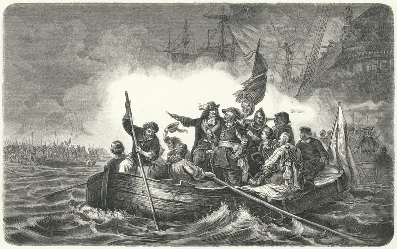 Ejército de Federico Guillermo, elector de Brandeburgo, desembarcando en la isla sueca de Rügen de H. (after) Kretzschmer