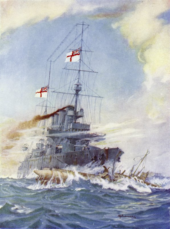 El HMS Birmingham embistiendo al submarino alemán U-15, 9 de agosto de 1914 de H. G. Swanwick