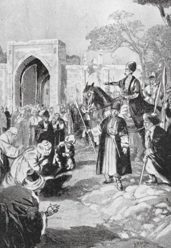 Bokhara abre su puerta al mongol Ogodai Khan, 1231 d.C. (litografía) de H. M. (after) Burton
