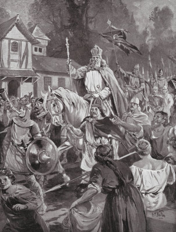 Carlomagno regresa a Bruselas, su sede campestre (litografía) de H. M. (after) Burton