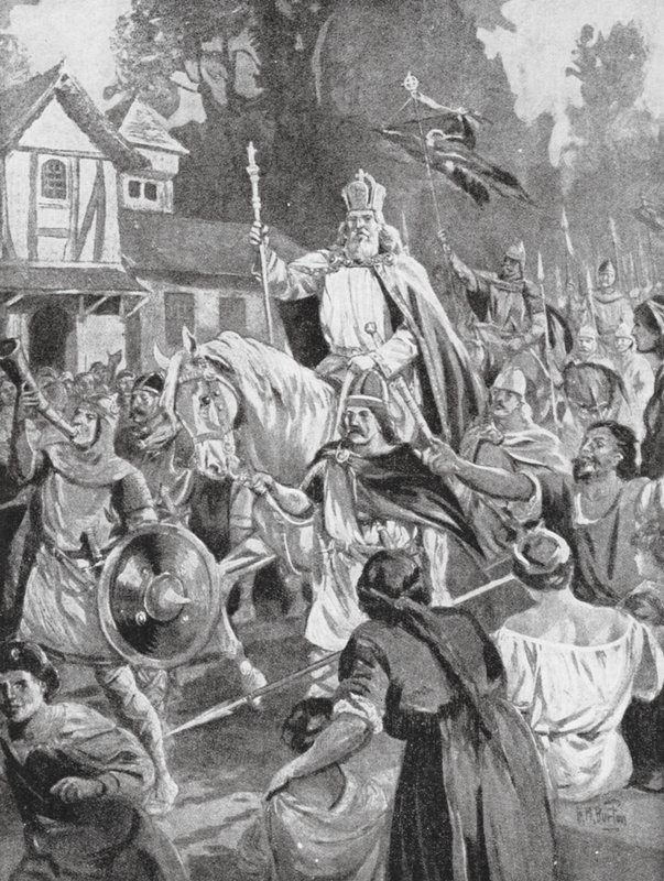 Carlomagno regresa a Bruselas, su sede campestre (litografía) de H. M. (after) Burton