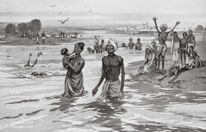 Los afectados por el hambre se ahogan en el Jamna de H. M. (after) Burton