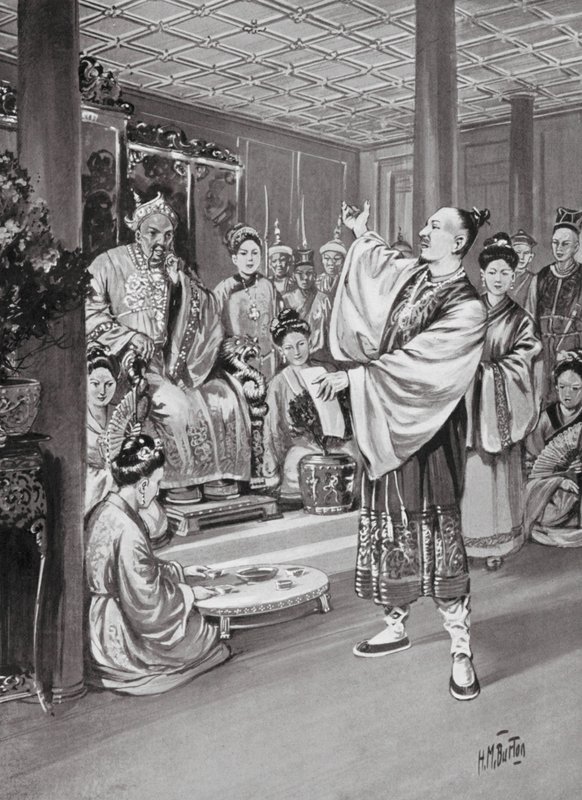 Li Po recitando ante el Emperador (litografía) de H. M. (after) Burton