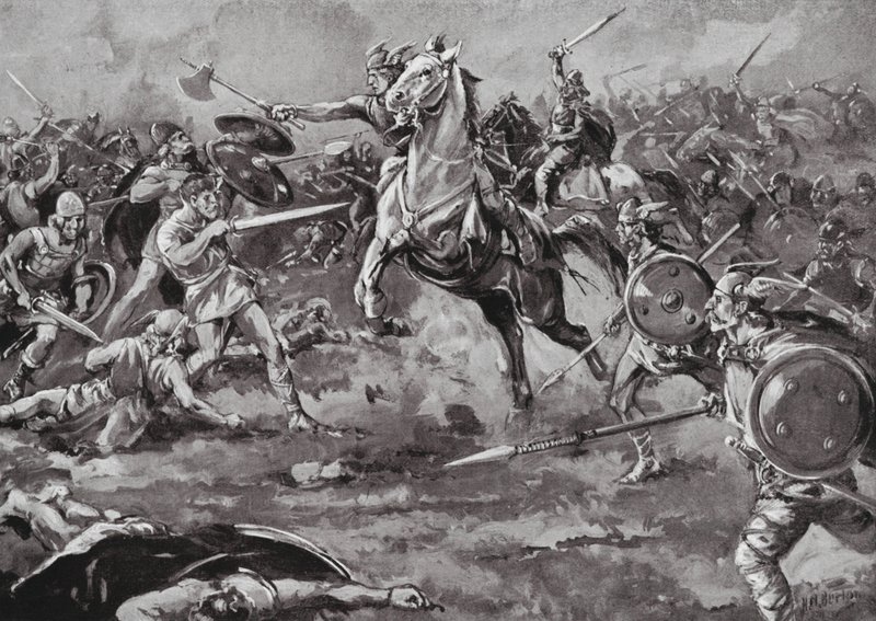 Los francos ayudan a derrotar a los hunos (litografía) de H. M. (after) Burton