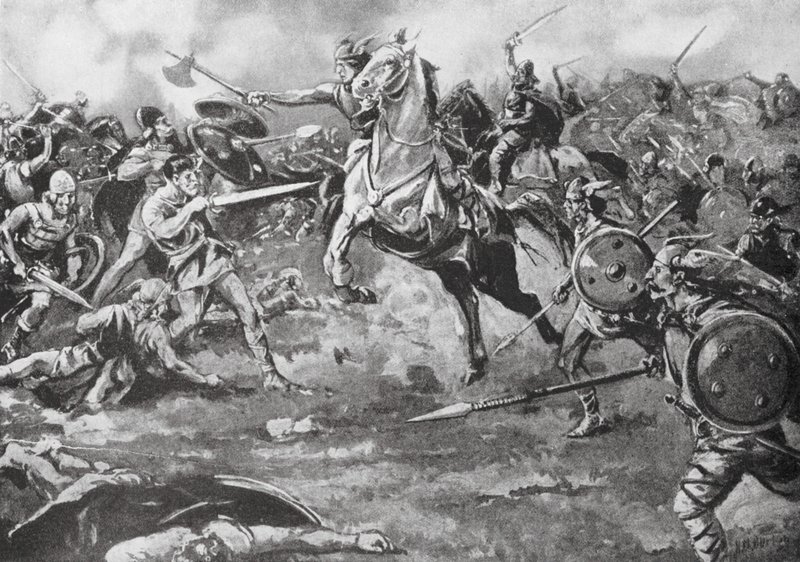 Los francos ayudan a derrotar a los hunos (litografía) de H. M. (after) Burton