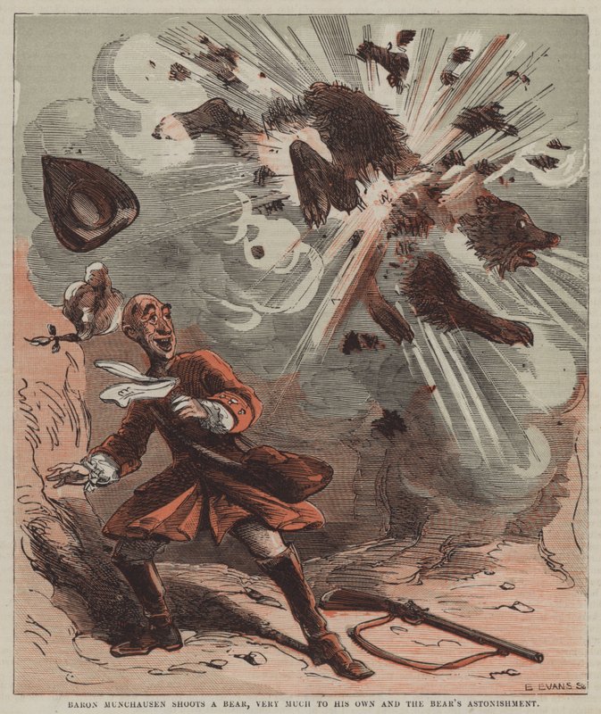 El barón Munchausen dispara a un oso, para su asombro y el del oso de after Hablot Knight Browne