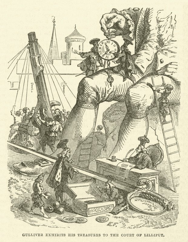 Gulliver exhibe sus tesoros a la corte de Lilliput de after Hablot Knight Browne