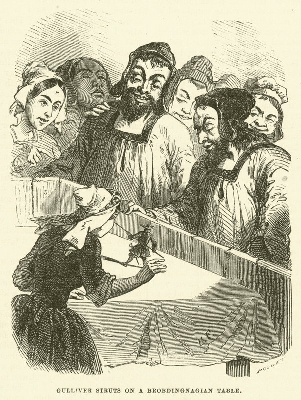 Gulliver se pavonea en una mesa Brobdingnagiana (grabado) de after Hablot Knight Browne