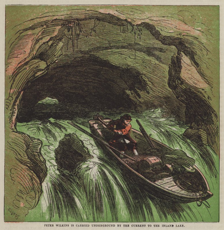 Peter Wilkins es llevado bajo tierra por la corriente al Lago Interior de after Hablot Knight Browne