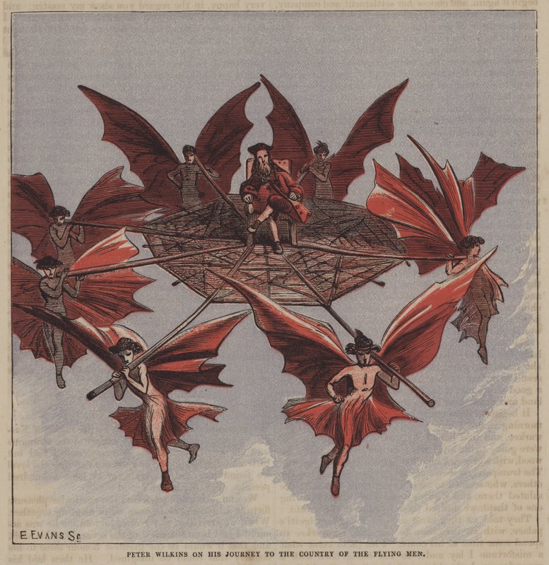 Peter Wilkins en su viaje al país de los hombres voladores de after Hablot Knight Browne