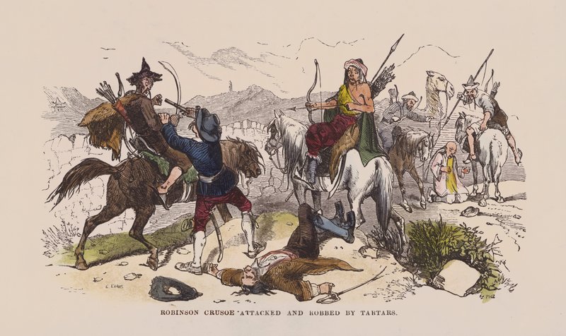 Robinson Crusoe atacado y robado por tártaros de after Hablot Knight Browne