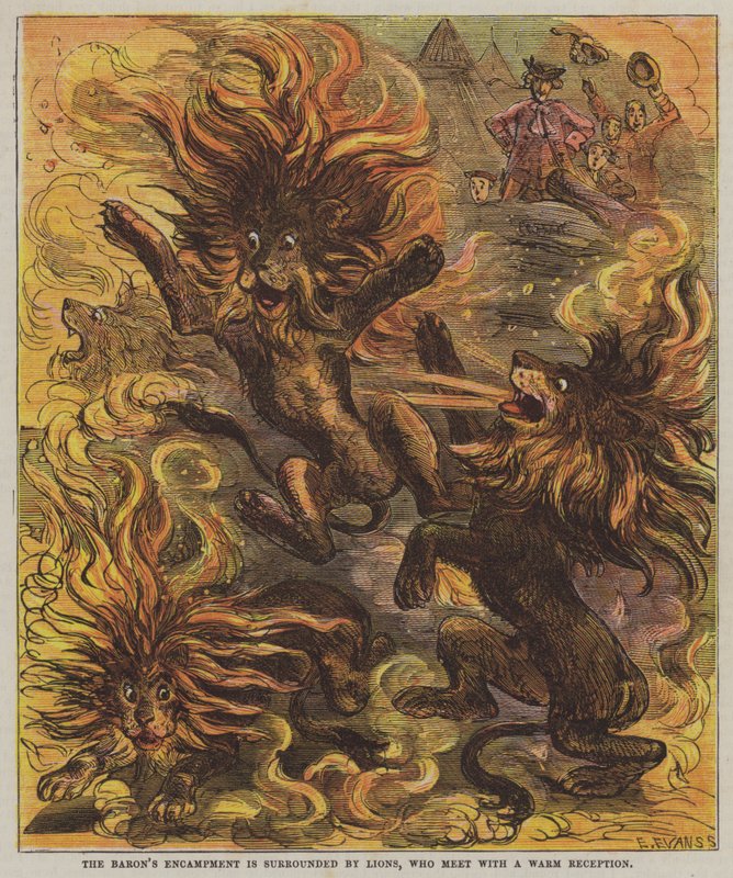 El campamento del barón está rodeado por leones, que reciben una cálida bienvenida de after Hablot Knight Browne
