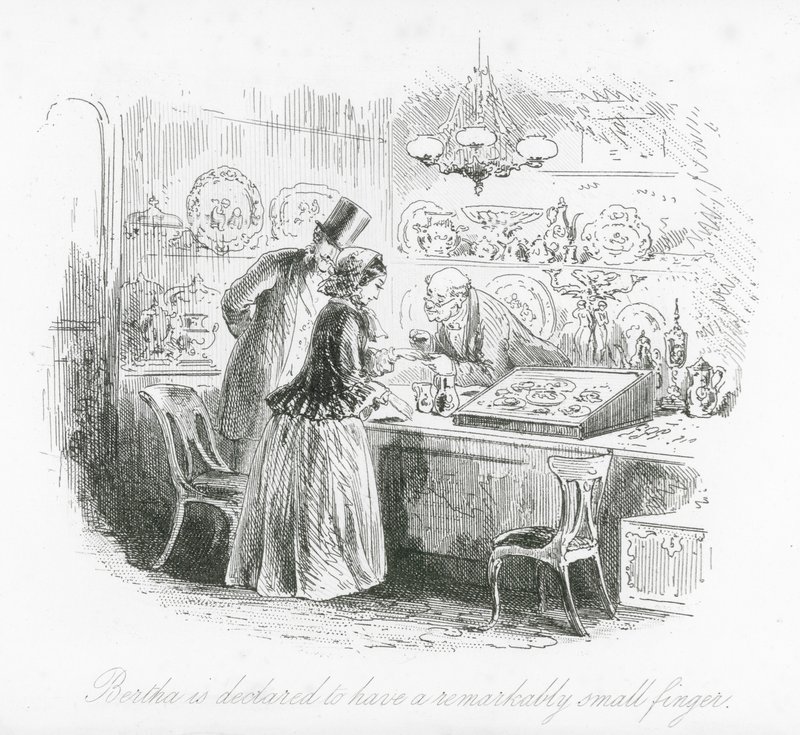 Calles de Londres: Se declara que Bertha tiene un dedo notablemente pequeño (grabado) de Hablot Knight (1815 92) Browne