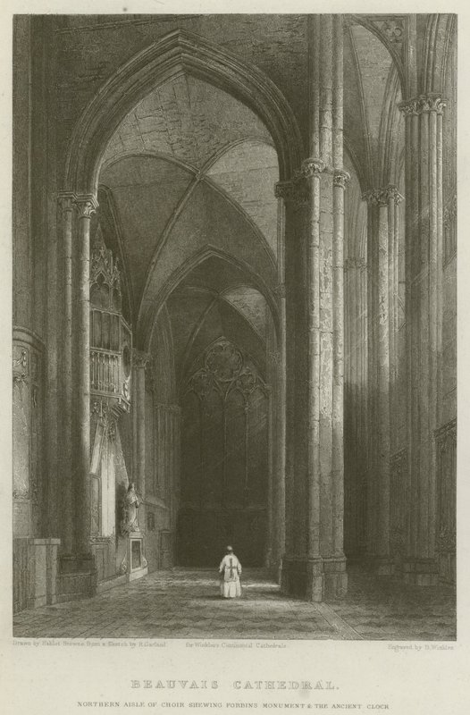 Catedral de Beauvais, pasillo norte del coro mostrando el monumento de Forbin y el reloj antiguo de Hablot Knight Browne