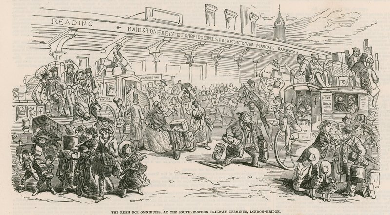La Gran Huelga de Taxis: La carrera por los ómnibus, en la Terminal del Ferrocarril del Sureste, Puente de Londres de Hablot Knight Browne