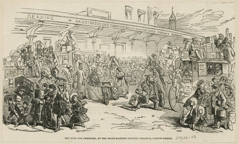 La prisa por los autobuses en la terminal del ferrocarril del sureste, London Bridge de Hablot Knight Browne