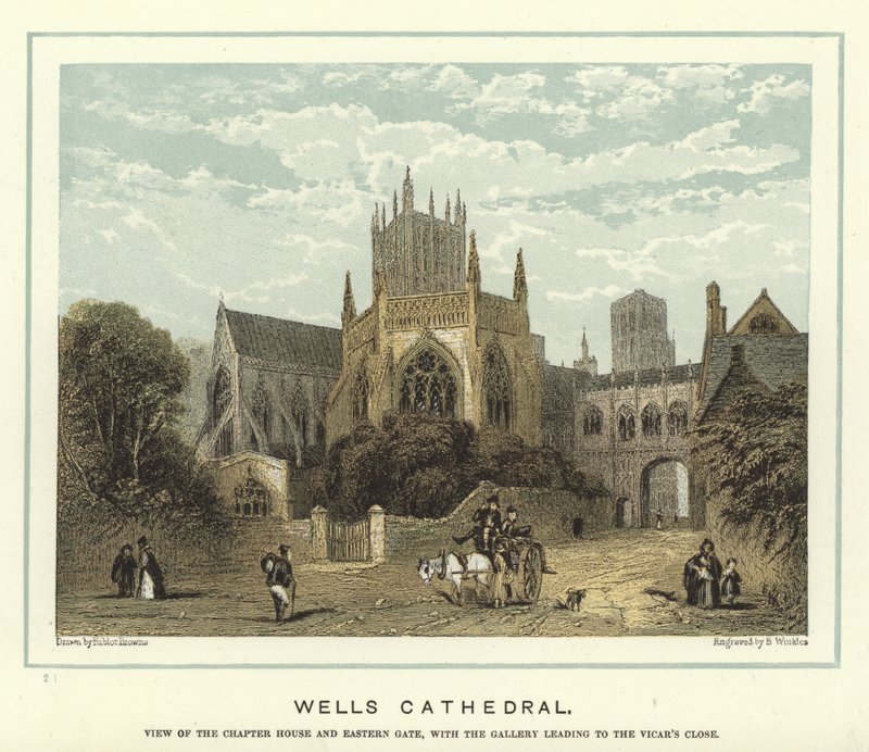 Catedral de Wells, vista de la sala capitular y la puerta oriental, con la galería que conduce al Vicar