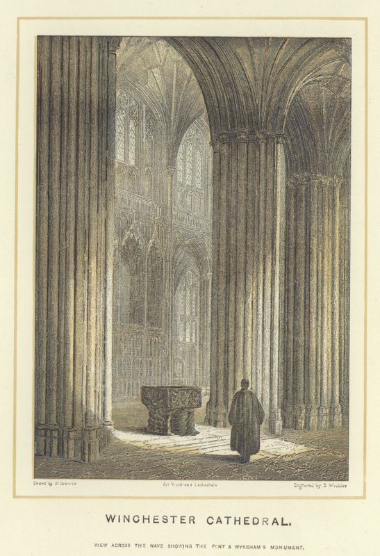 Catedral de Winchester, vista a través de la nave mostrando el frente y el Monumento de Wykeham de Hablot Knight Browne