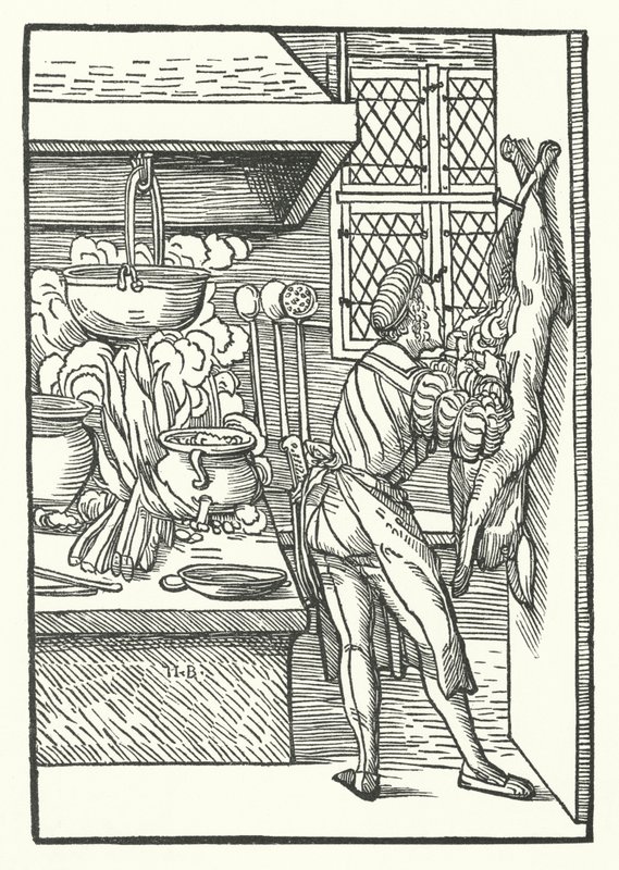 Un cocinero desollando una liebre de Hans (after) Burgkmair