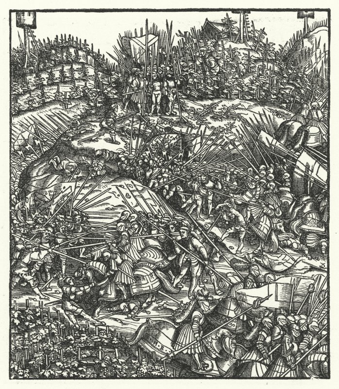 El Archiduque Maximiliano de Austria y su ejército luchando contra los franceses de Hans (after) Burgkmair