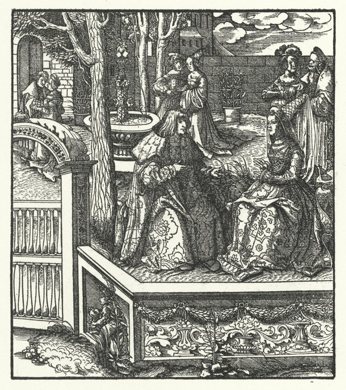 El archiduque Maximiliano de Austria y su esposa, María de Borgoña, enseñándose mutuamente sus respectivos idiomas de Hans (after) Burgkmair