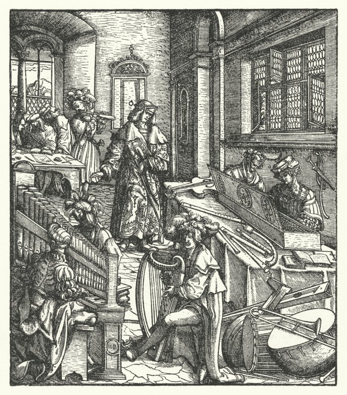 Archiduque Maximiliano de Austria como patrón de la música (grabado) de Hans (after) Burgkmair