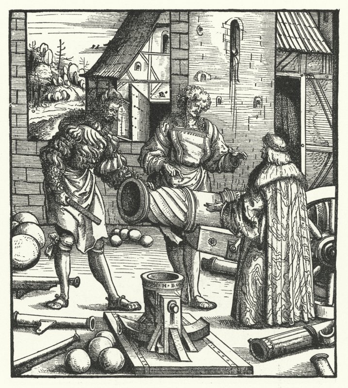 El Archiduque Maximiliano de Austria consultando a armeros de Hans (after) Burgkmair