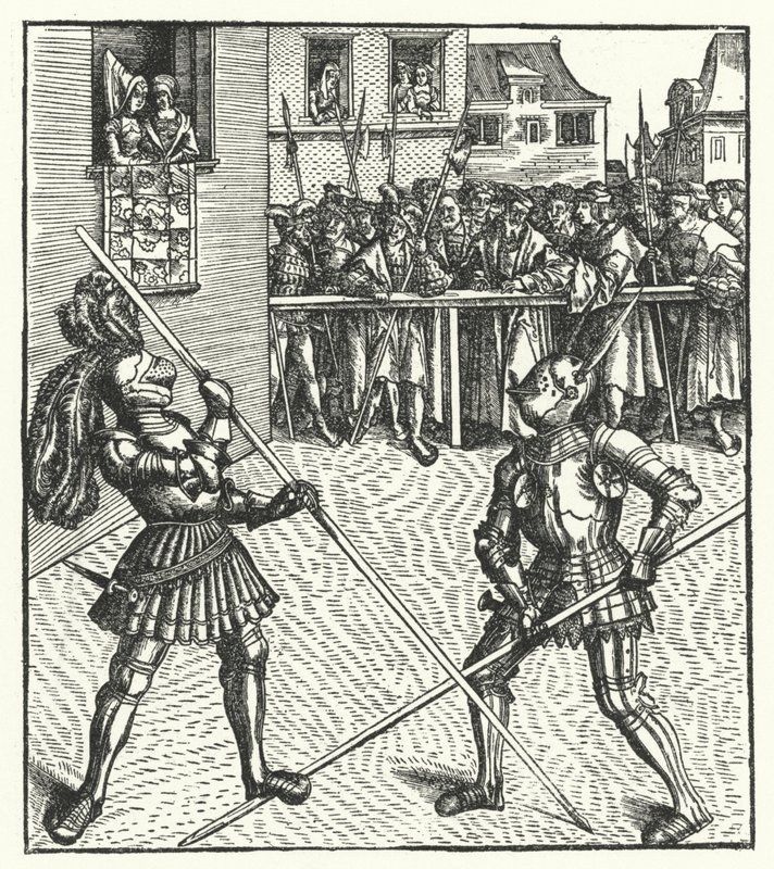 El Archiduque Maximiliano de Austria luchando a pie con una lanza de Hans (after) Burgkmair