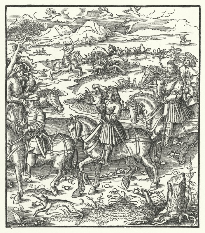 Archiduque Maximiliano de Austria cazando garzas (grabado) de Hans (after) Burgkmair