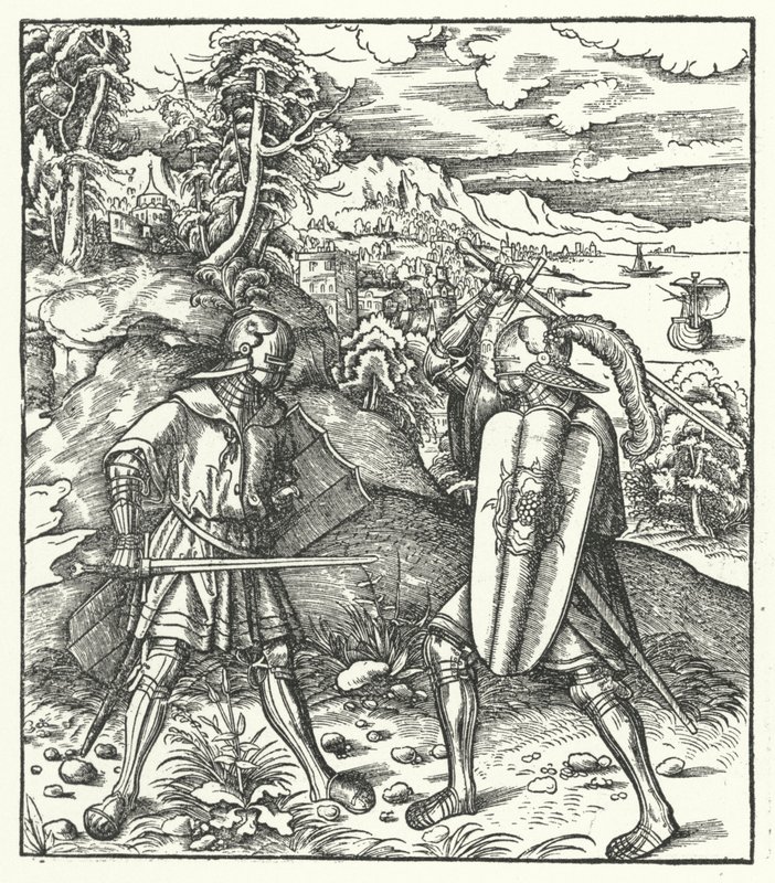 El Archiduque Maximiliano de Austria en armadura luchando con una espada de Hans (after) Burgkmair