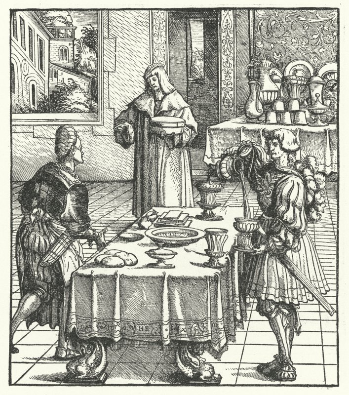 El Archiduque Maximiliano de Austria aprendiendo las artes culinarias de Hans (after) Burgkmair