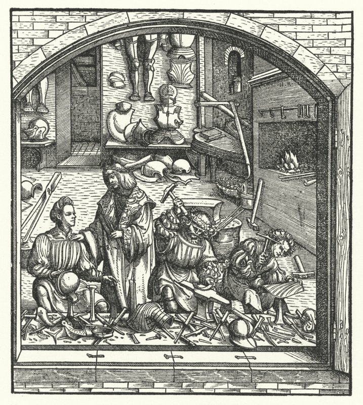 El Archiduque Maximiliano de Austria visitando a un armero de Hans (after) Burgkmair