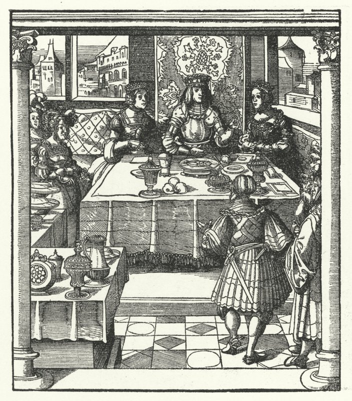 El archiduque Maximiliano de Austria visitando a su futura esposa, María de Borgoña, y su madre, Isabel de Borbón de Hans (after) Burgkmair