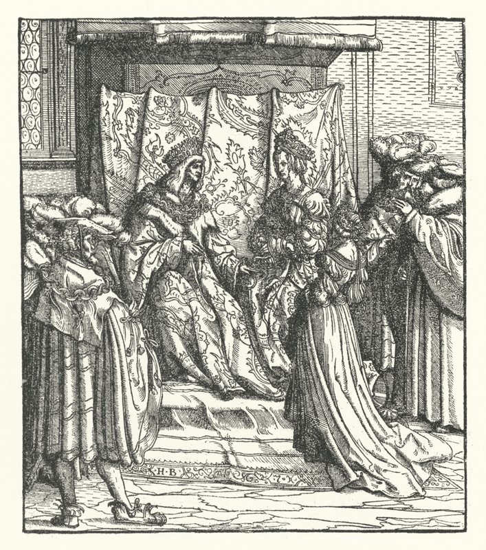 Leonor de Portugal recibiendo la propuesta de matrimonio de Federico de Austria, Rey de los Romanos (grabado) de Hans (after) Burgkmair