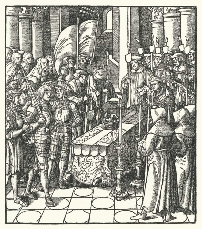 El rey Luis XII de Francia junto al ataúd de su predecesor, el rey Carlos VIII de Hans (after) Burgkmair