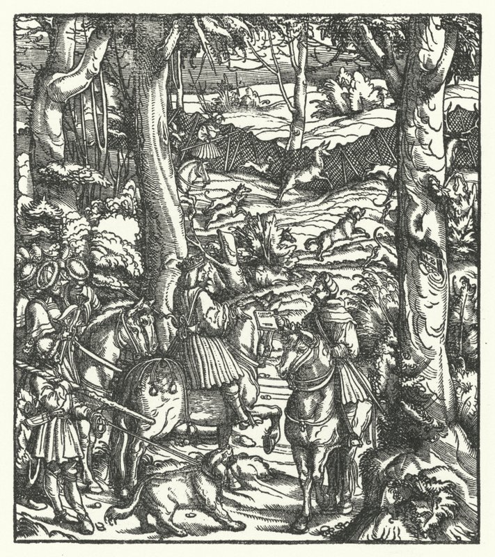 Maximiliano I, Rey de los Romanos, recibiendo un mensaje mientras caza de Hans (after) Burgkmair
