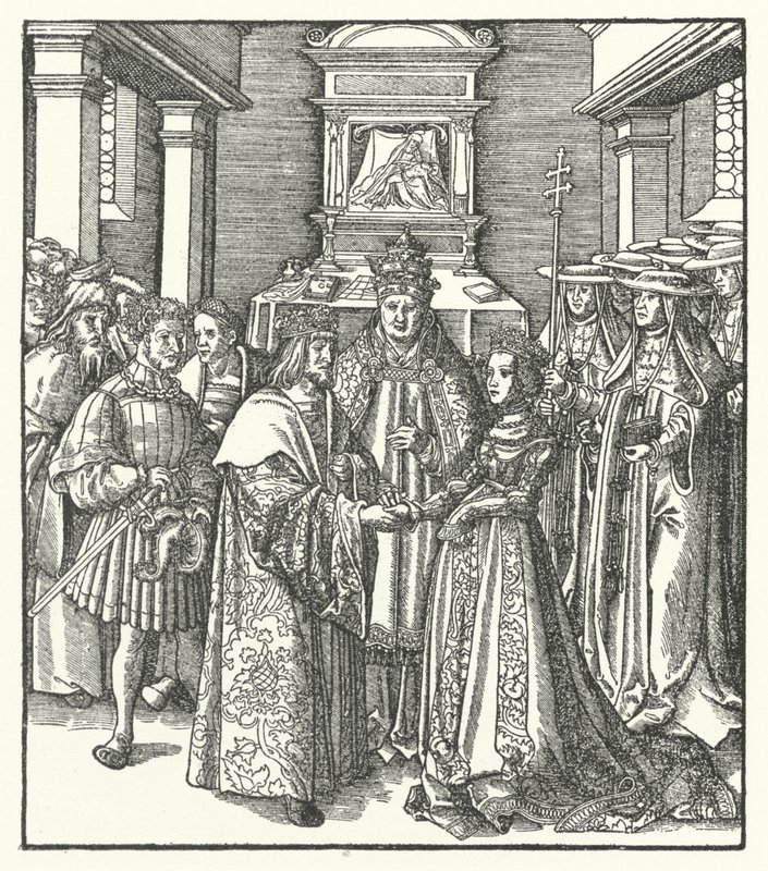 El Papa Nicolás V presidiendo el matrimonio del emperador del Sacro Imperio Romano Federico III y Leonor de Portugal en Roma de Hans (after) Burgkmair