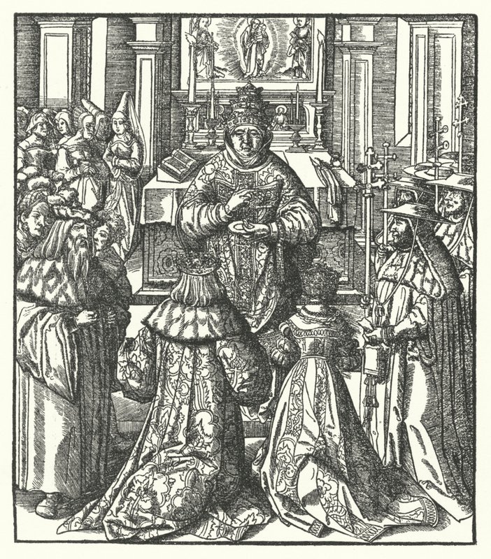 El emperador del Sacro Imperio Romano Federico III y la emperatriz Leonor recibiendo la Sagrada Comunión del Papa de Hans (after) Burgkmair