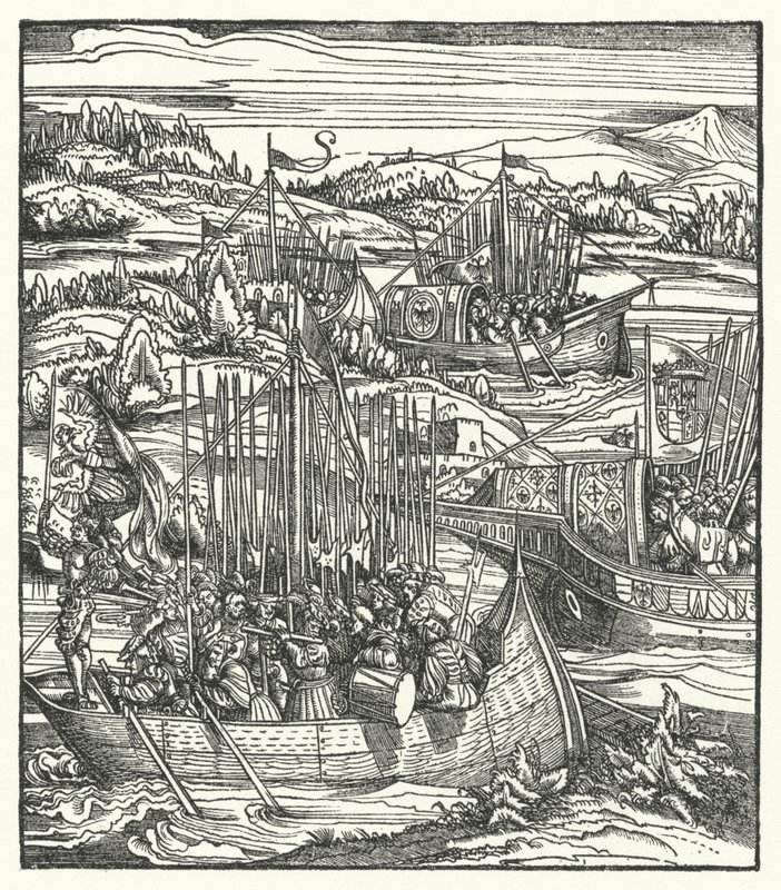 El emperador del Sacro Imperio Romano Maximiliano I con su flota en La Spezia, Italia de Hans (after) Burgkmair
