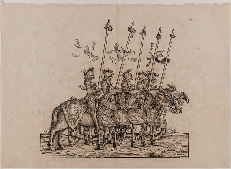 Triunfo del emperador Maximiliano I: Quincuagésimo primer tablero, participantes en la Rennen (justa o carrera ligera) de Hans Burgkmair