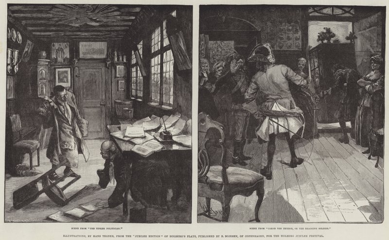 Ilustraciones, de la Edición del Jubileo de las Obras de Holberg, publicada por E Bojesen, de Copenhague, para el Festival del Jubileo de Holberg de Hans Tegner