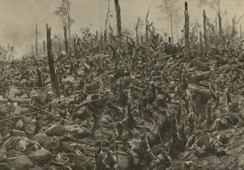 Ataque alemán a los blocaos y trincheras francesas en el Bois-le-Pretre tras el bombardeo de artillería del 5 de julio de 1915 (litografía) de Hans W. (after) Schmidt