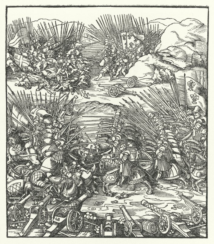 Batalla entre los ejércitos francés y veneciano durante la Guerra de la Liga de Cambrai de Hans after Burgkmair